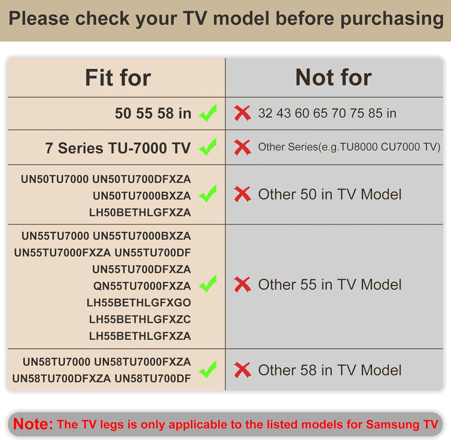Soporte base de TV para patas de TV Samsung, repuesto para Samsung 50 55 58 pulgadas LED TV-UN50TU7000 UN55TU7000 UN58TU7000 UN58TU7000FXZA