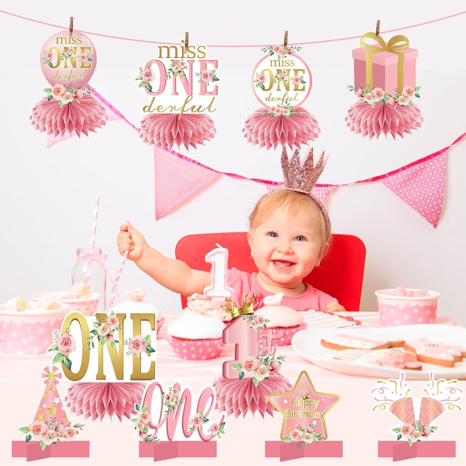 10 piezas de decoración de cumpleaños de Miss Onederful, centros de mesa de panal para niñas bebés, color oro rosa y oro rosa para primer