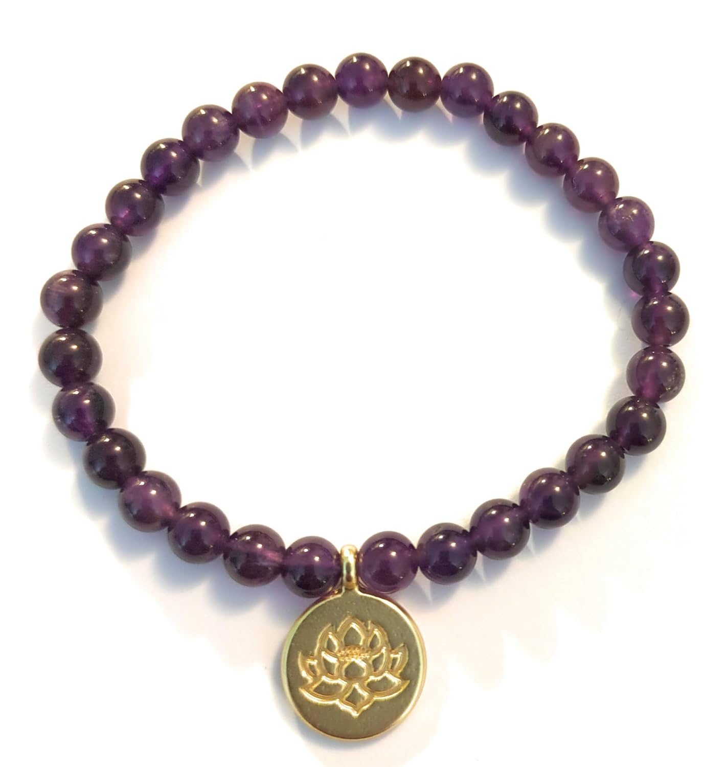 Stretch Bead Bracelet Amethyst 18k Gold Plated Brass Lotus Flower Charm Stretch One Size Adult Gift Boxed