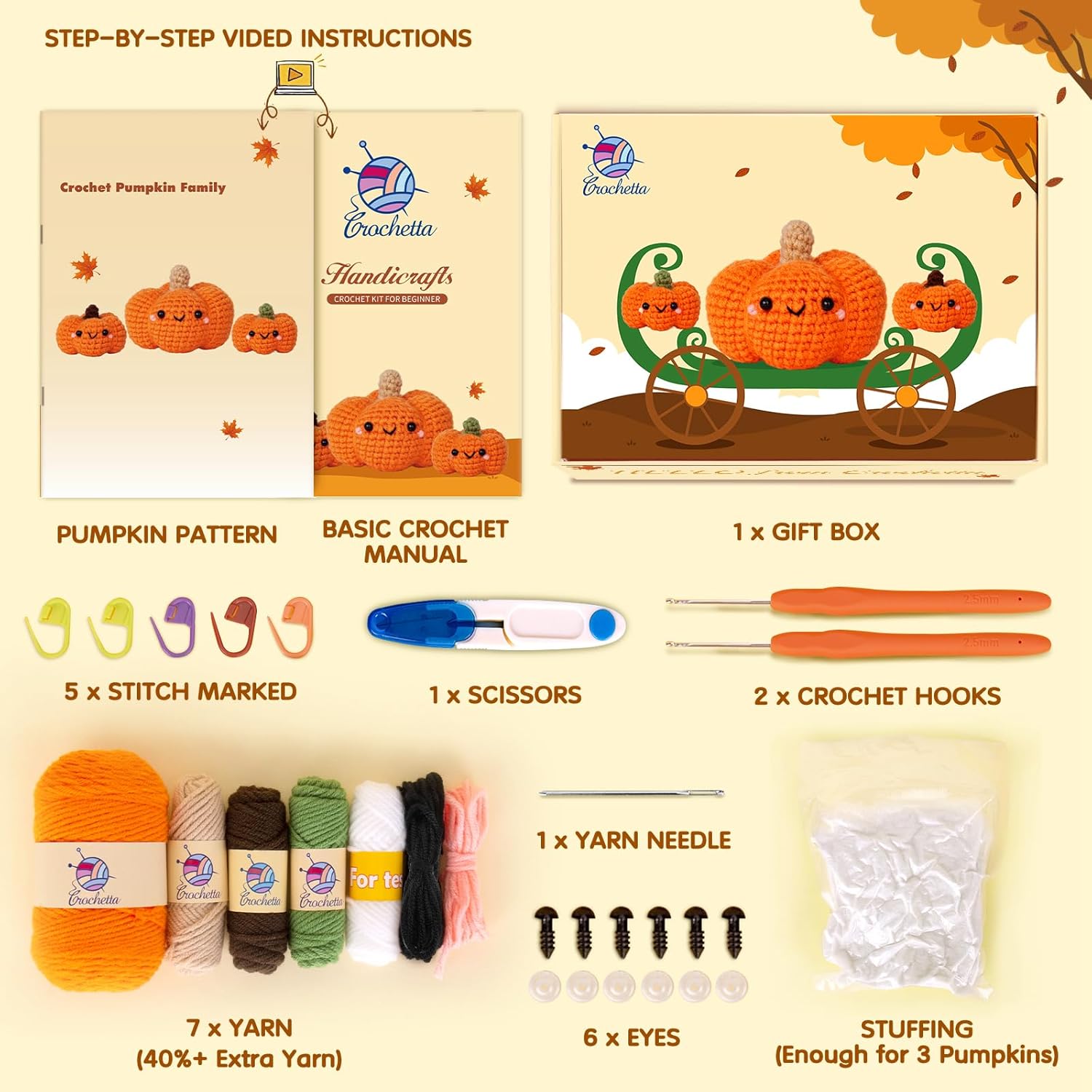 Crochetta Kit de ganchillo para principiantes, kit de inicio de ganchillo con tutoriales en video paso a paso, kits de animales de ganchillo para