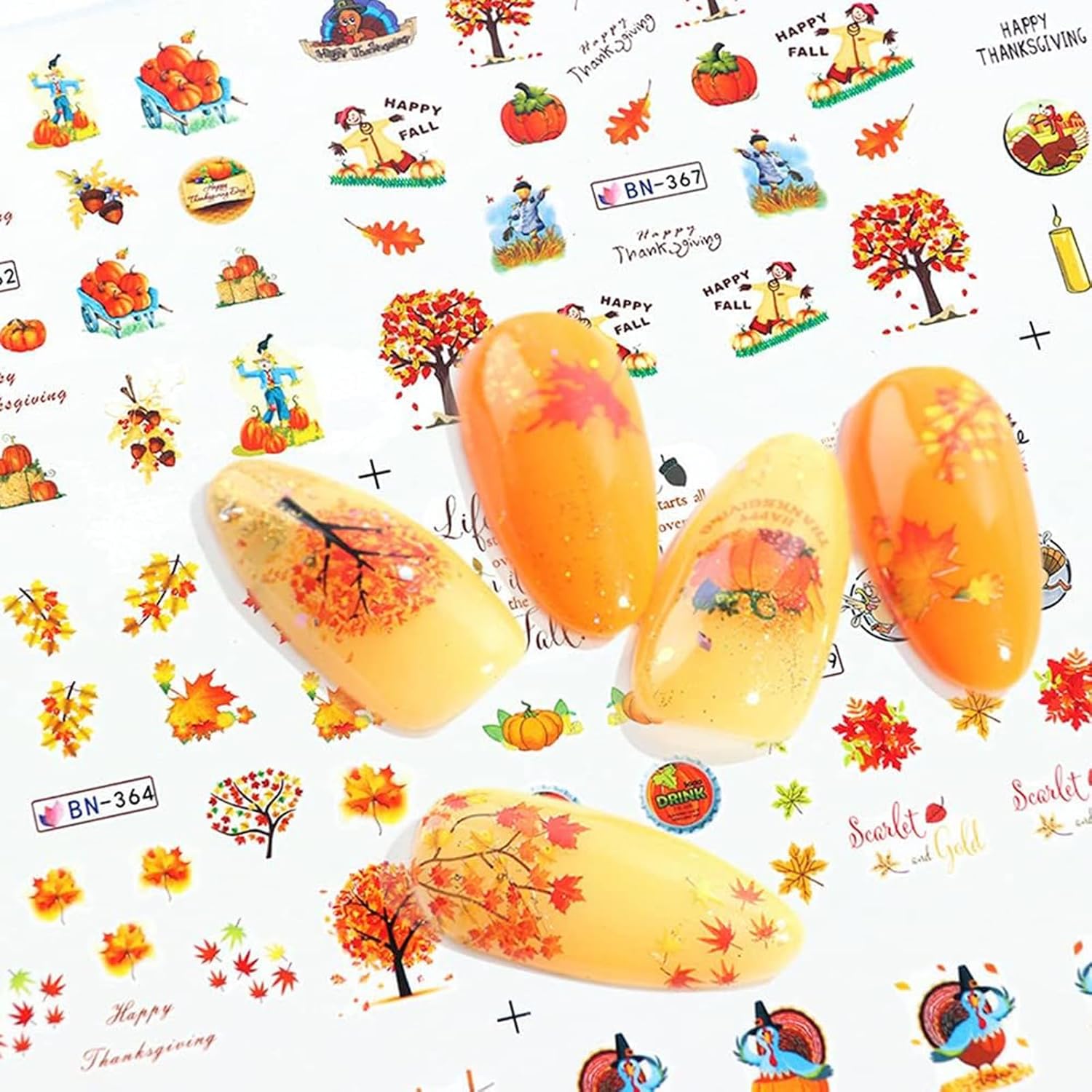 12 calcomanías de uñas de hoja de arce, calcomanías de agua de calabaza de chile de otoño, calcomanías de agua para el día de Acción de Gracias,