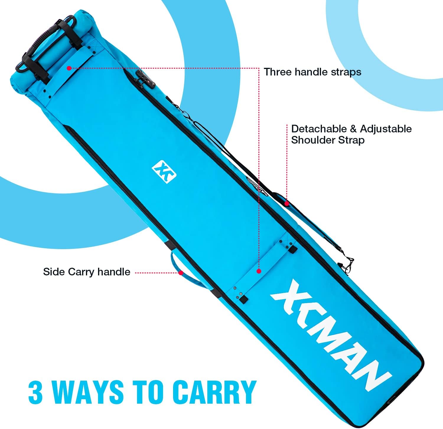 XCMAN Bolsa de snowboard acolchada con ruedas y cerradura, viajes por carretera y avión aéreo, longitud ajustable de 63 a 78 pulgadas