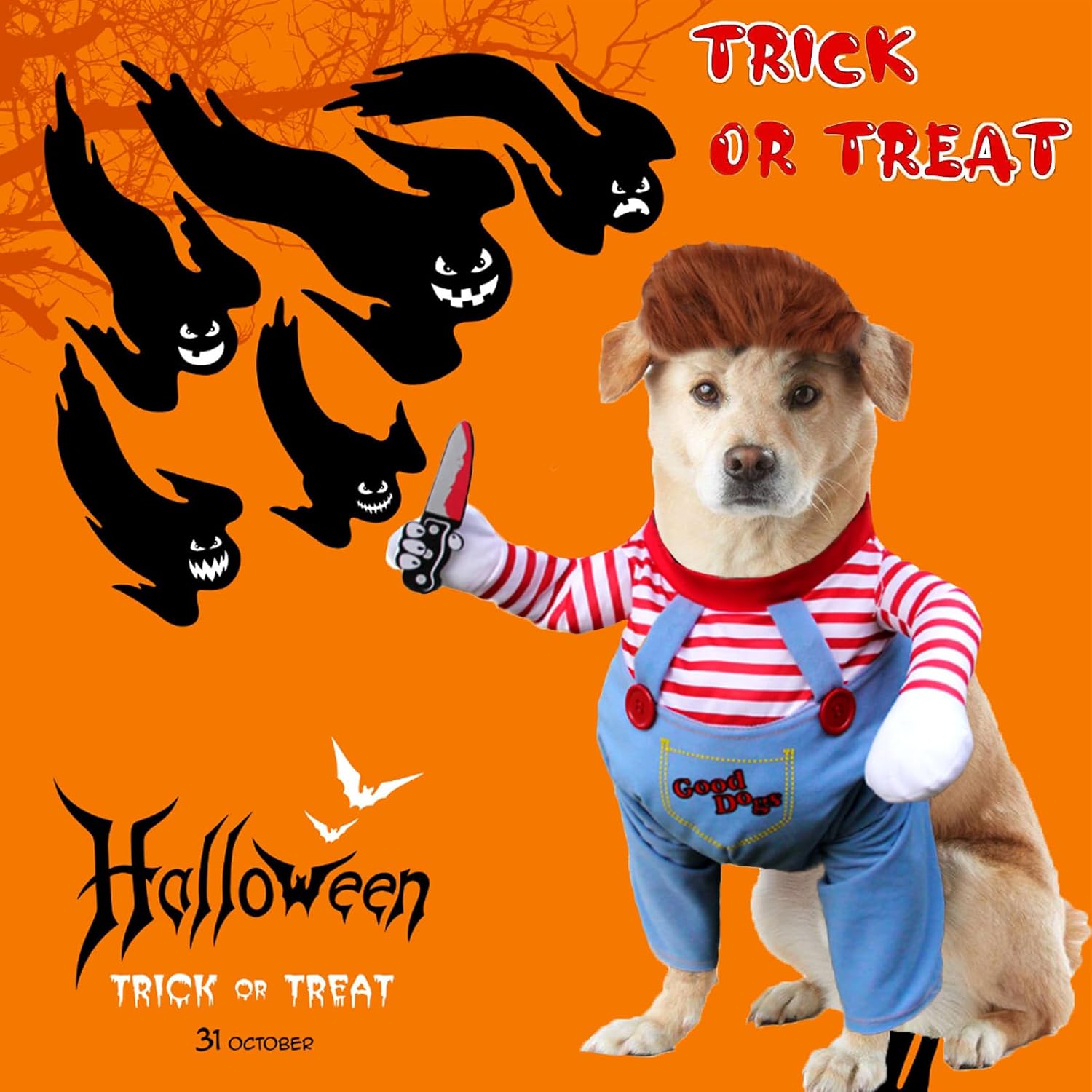 Disfraz de perro de muñeca mortal para mascotas, divertidos disfraces de Halloween de Chucky, ropa de perro linda, disfraz de fiesta de cosplay para