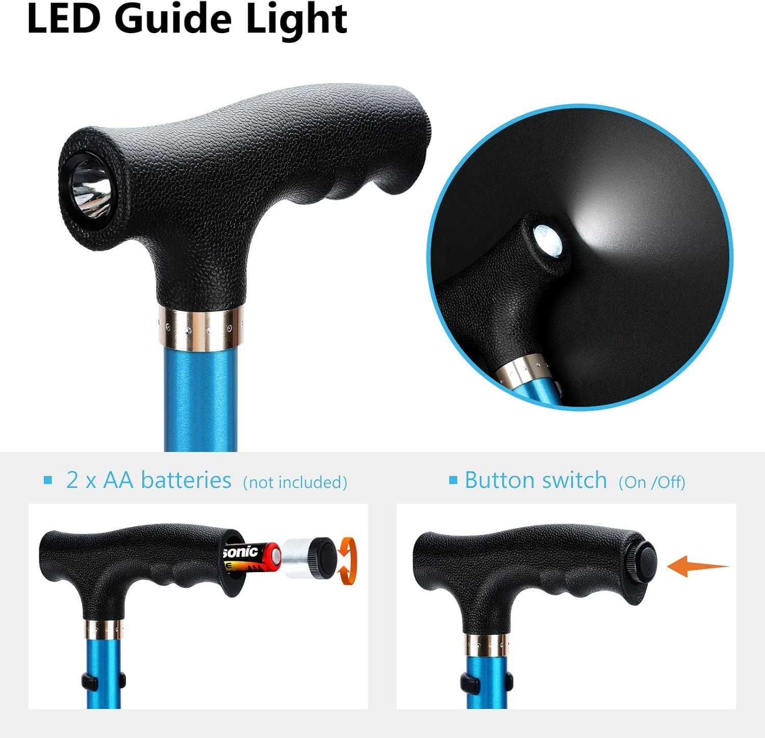KAKICLAY Bastón plegable con luz LED para mujeres y hombres, plegable, ajustable, plegable, de aluminio ligero para personas mayores y adultos