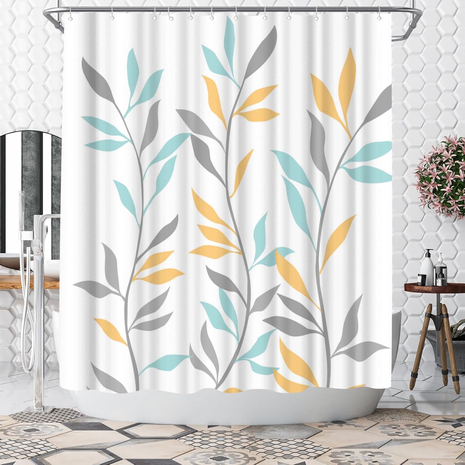 Welmeco Cortina de ducha amarilla con hojas botánicas, cortina de ducha amarilla para decoración de baño, tela de poliéster, 72 x 72 pulgadas