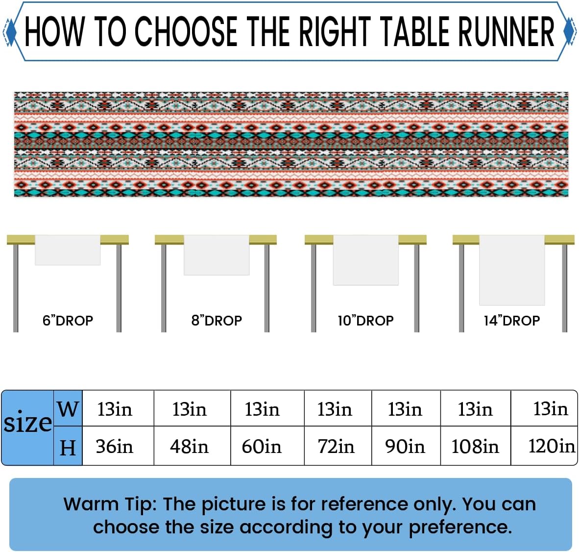Table Runner Ethnic Tribal Geometric Pattern, Rustic Linen Table Cloth for Farmhouse Kitchen, Dinner, Events, Party, Holiday Table Decor 13 x 60