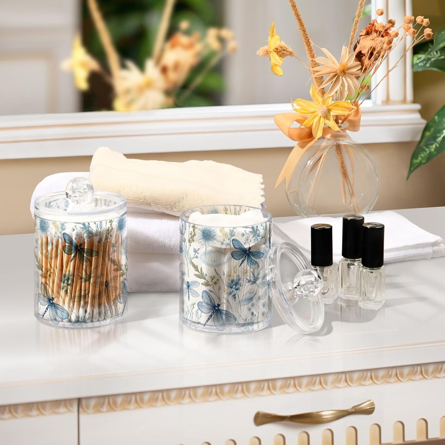 Paquete de 2 dispensadores de soporte Qtip con tapas, recipientes de almacenamiento de plástico con libélulas florales azules, organizador de