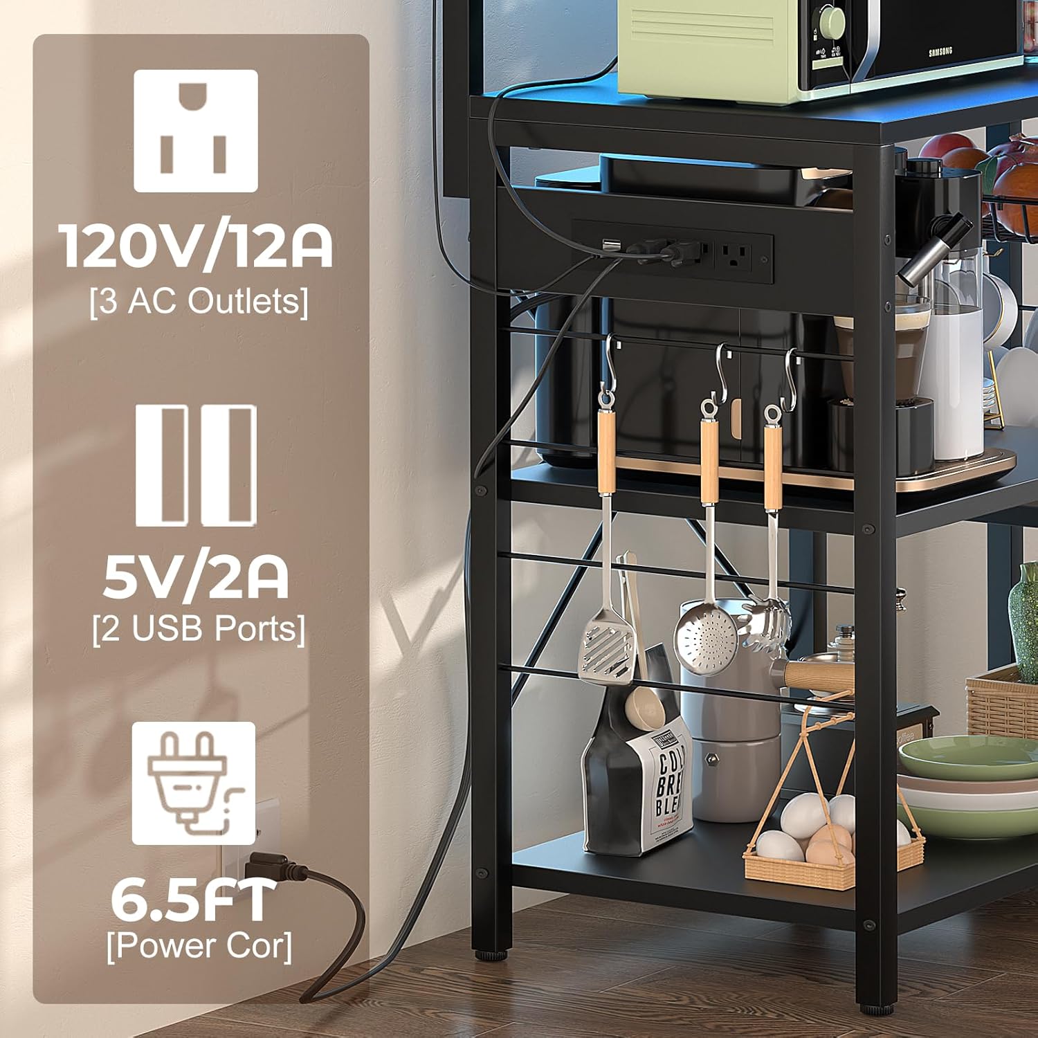 Aheaplus Estante para panaderos con toma de corriente y cuerdas de luz LED, soporte para horno de microondas, estante de almacenamiento de cocina