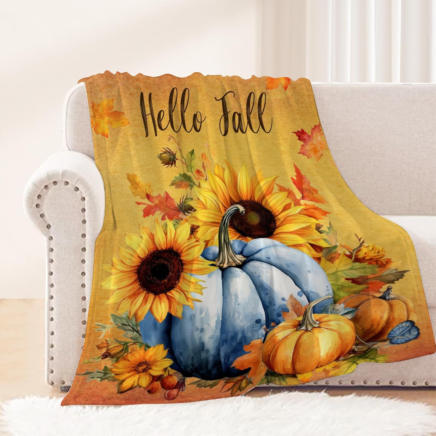 Neatee Living Manta decorativa de otoño, color naranja, Acción de Gracias, otoño, azul, calabaza, girasol, para sofá, cama, ligera, mullida,
