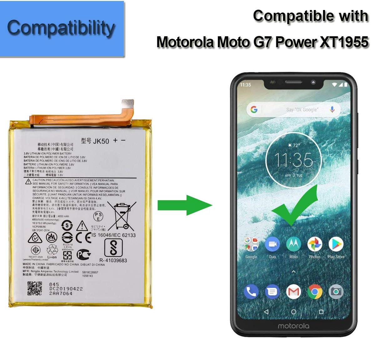 E-YIIVIIL Batería de repuesto JK50 compatible con Moto G Power 2021 G7 Power XT1955 Moto One Power XT1942 con herramientas