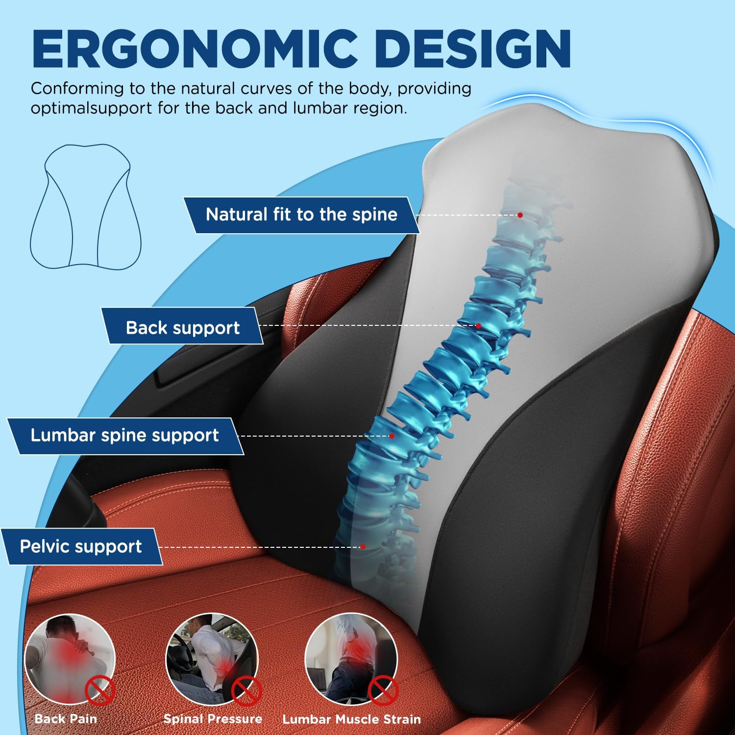 Almohada de apoyo lumbar para silla de oficina, automóvil, soporte de espalda de espuma viscoelástica para aliviar el dolor de espalda, cojín de