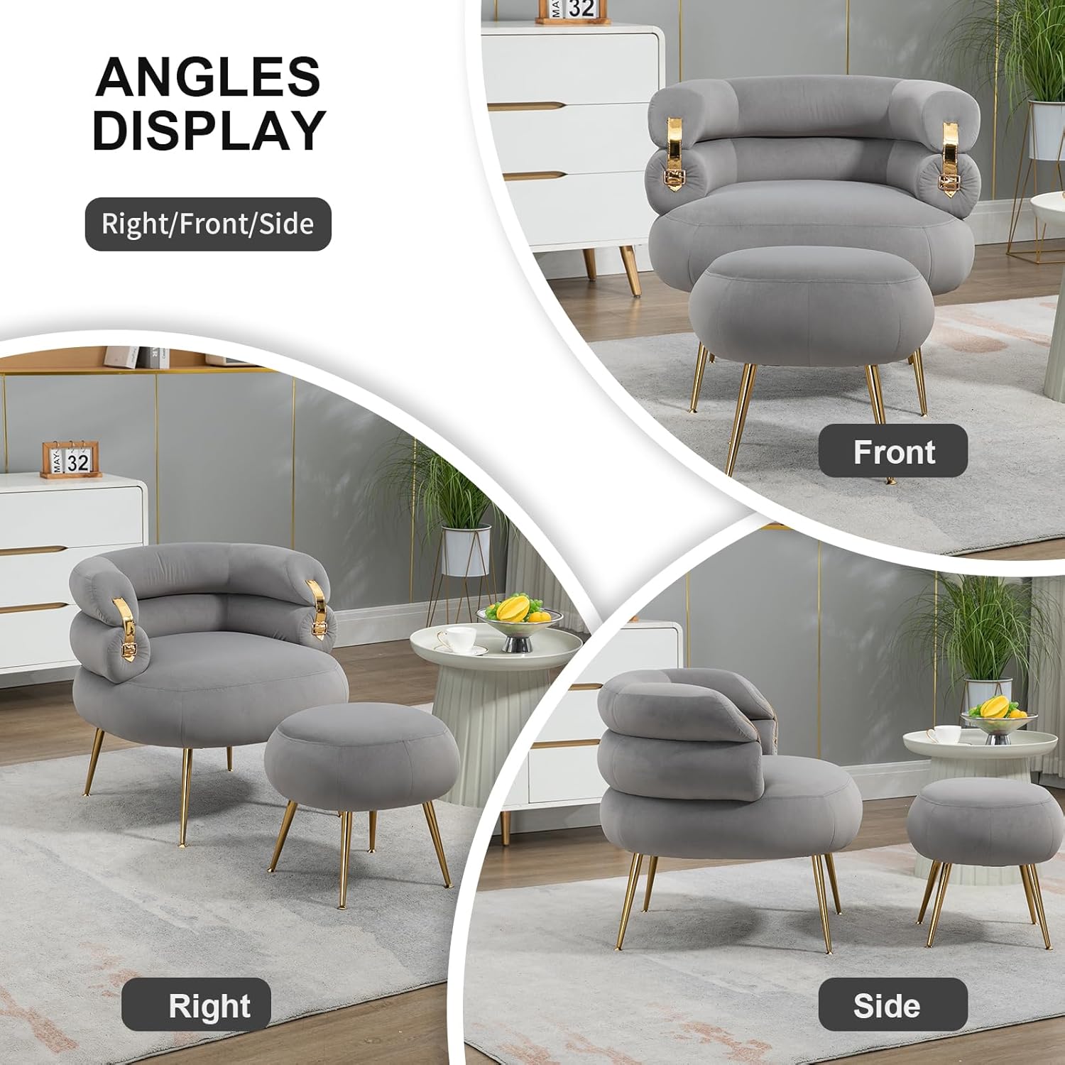Sudwesto Silla decorativa de terciopelo con otomana, sillón tapizado moderno, silla de ocio individual con patas de metal dorado para sala de estar,