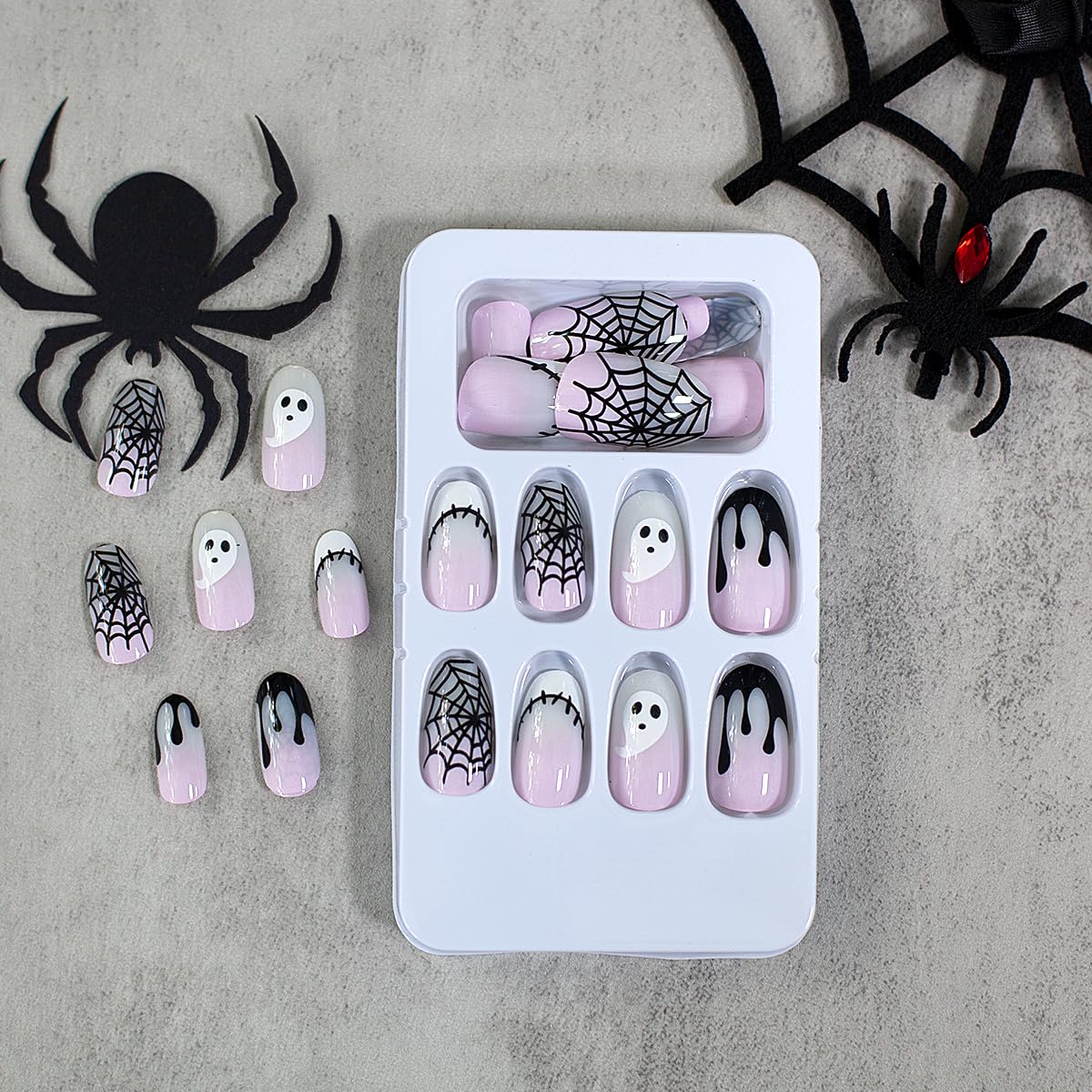 Uñas postizas ovaladas a presión de Halloween, uñas acrílicas de color rosa degradado con diseño de fantasmas, uñas con pegamento en las uñas