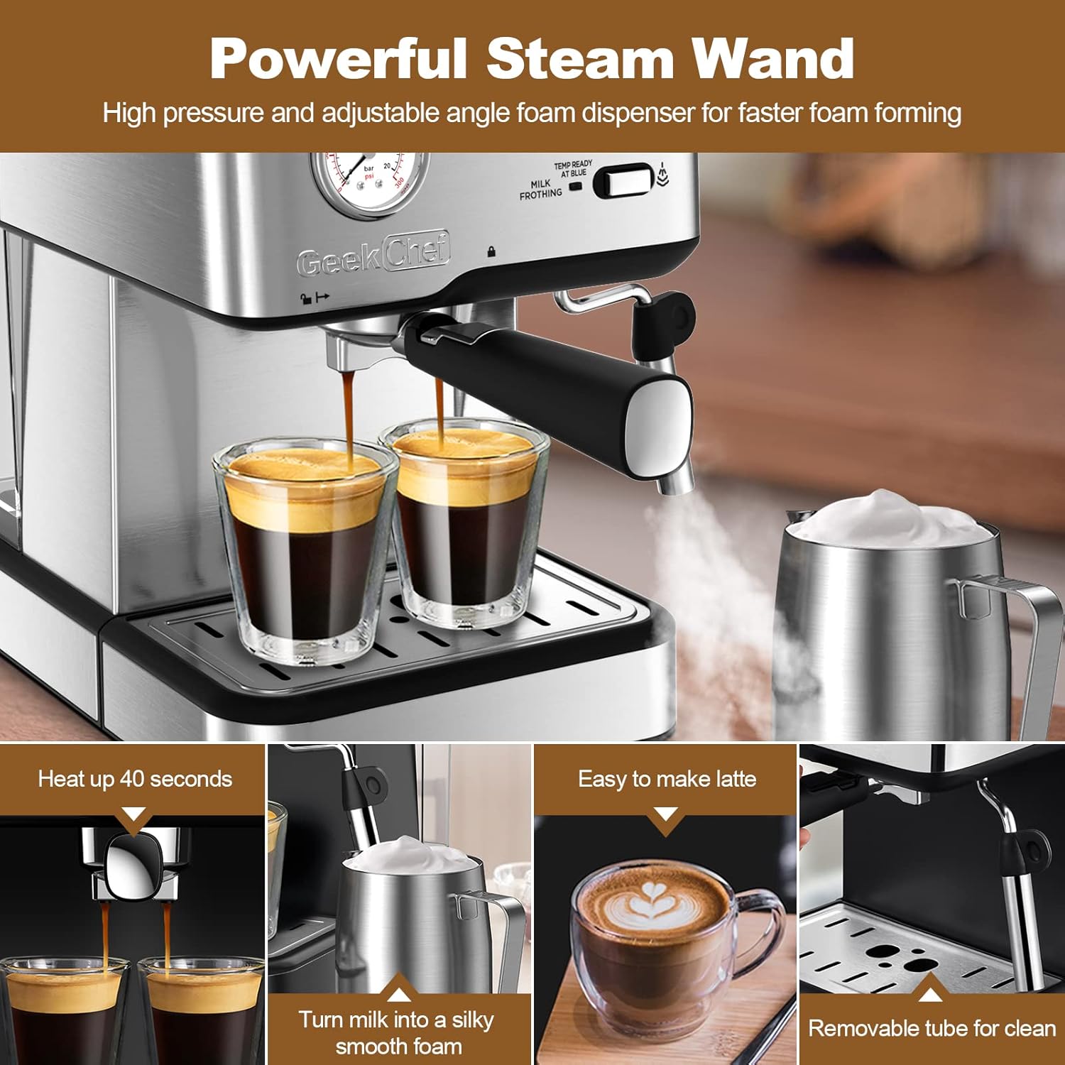 Geek Chef Máquina de café expreso con bomba de 20 bares, cafetera de capuchino con filtro ESE POD y manómetro, tanque de agua de 1.5 L, 950 W, color