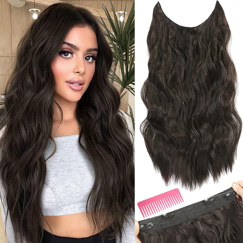 Extensiones de cabello tipo halo de 20 pulgadas, extensiones de cabello con alambre invisible con diadema transparente de tamaño ajustable, 4 clips