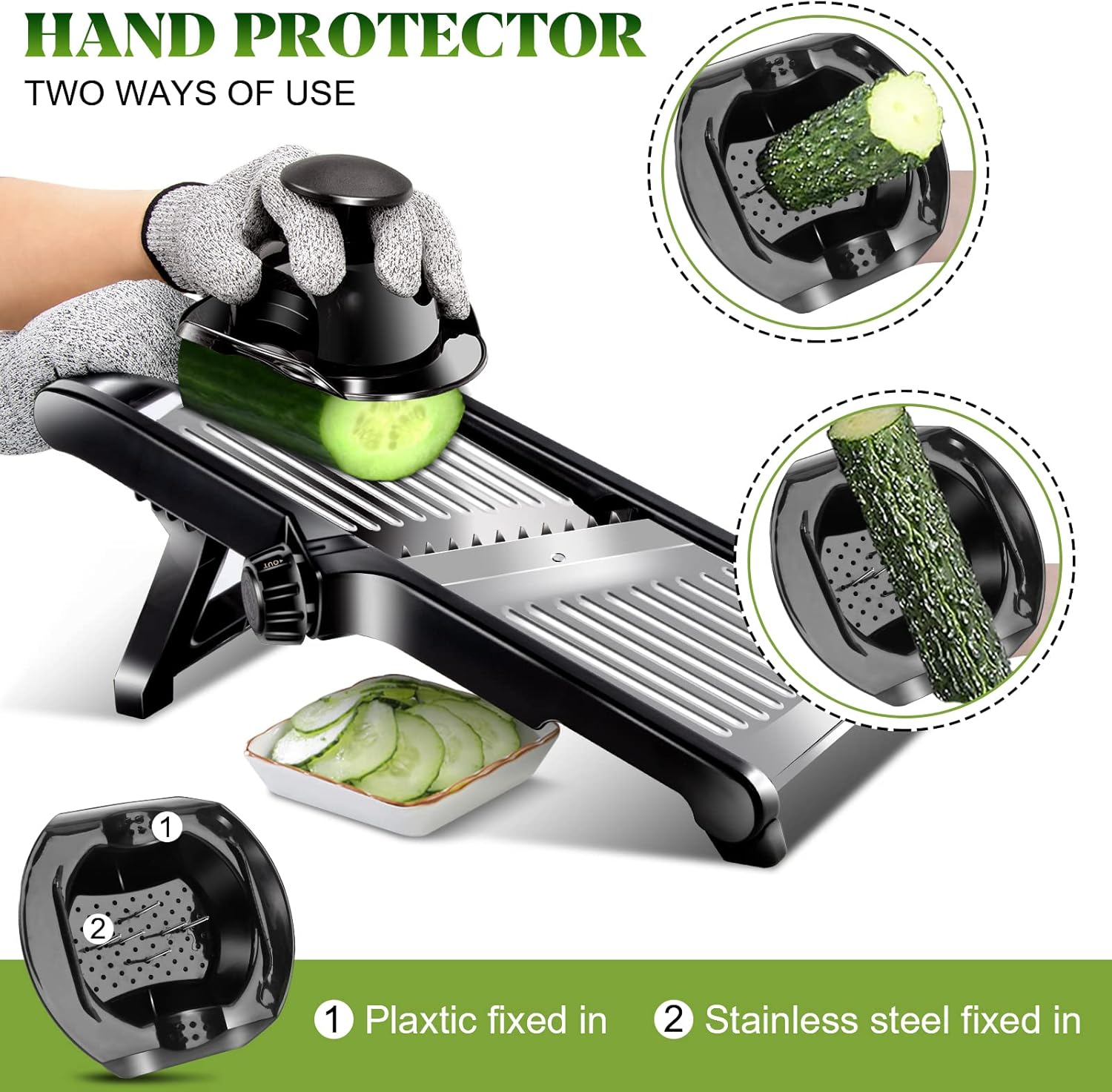 Almcmy Cortador de mandolina para cocina, cortador de alimentos de mandolina ajustable de acero inoxidable con guantes resistentes a cortes, picador