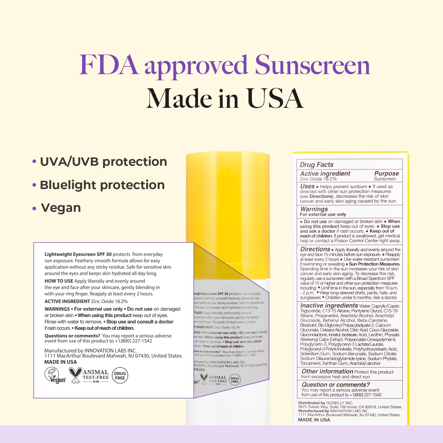 SKINRAYS – Protector solar mineral hipoalergénico de amplio espectro de óxido de zinc para área de los ojos, belleza limpia, seguro para todas las
