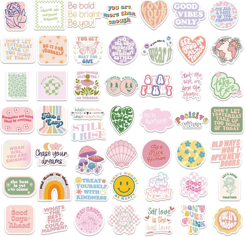 100 calcomanías estéticas pastel, calcomanías danesas de preppy, calcomanías inspiradoras rosas, calcomanías motivacionales impermeables de vinilo