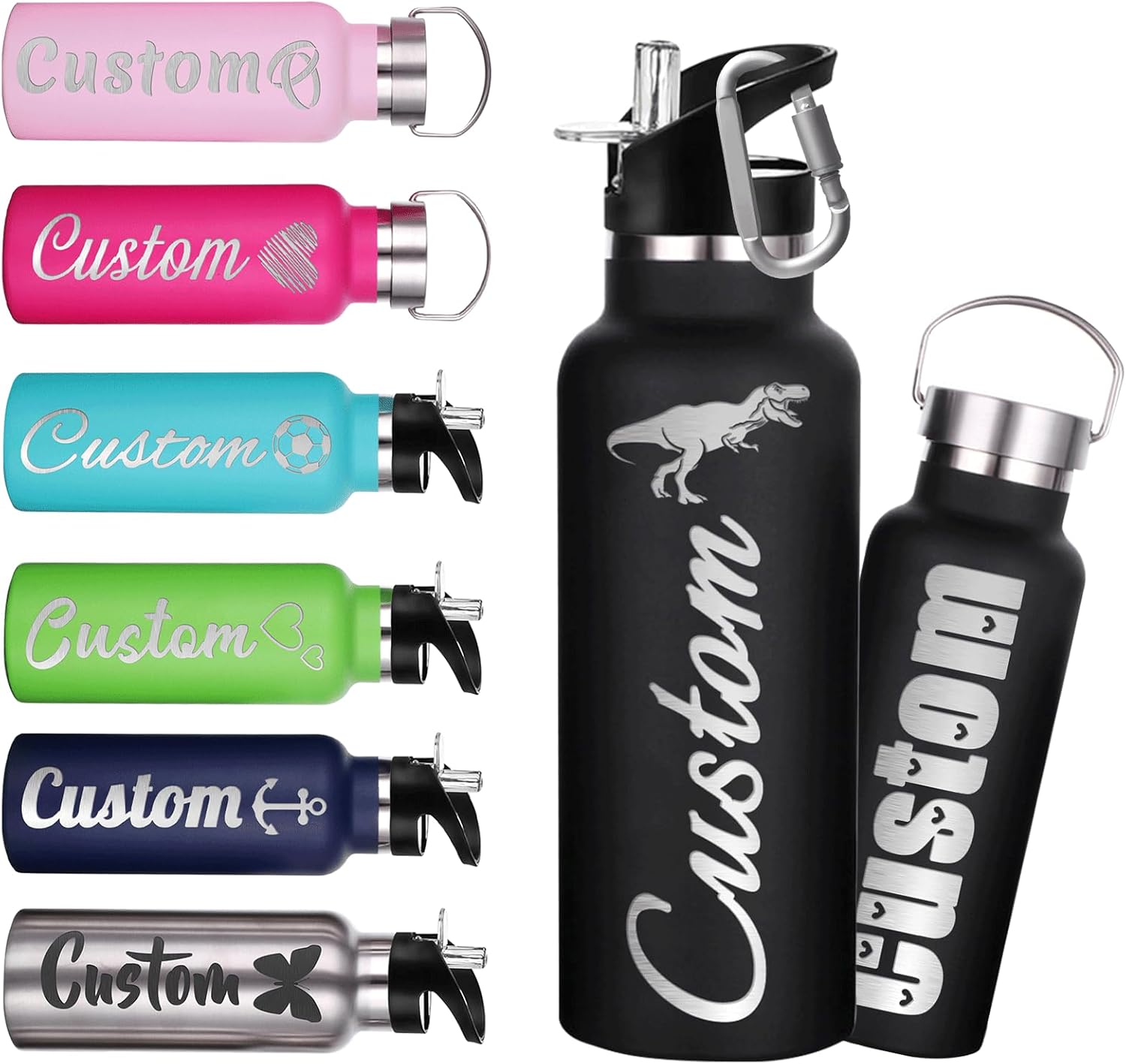 Botellas de agua personalizadas de 12 onzas, botella de agua de acero inoxidable personalizada con tapa con pajilla, botellas de doble pared
