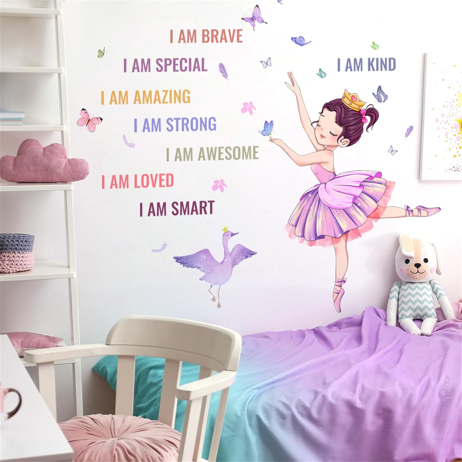 Preciosa calcomanía de pared para niña de ballet, calcomanías de pared de princesa con texto positivo diciendo que eres hermosa niña, decoración de