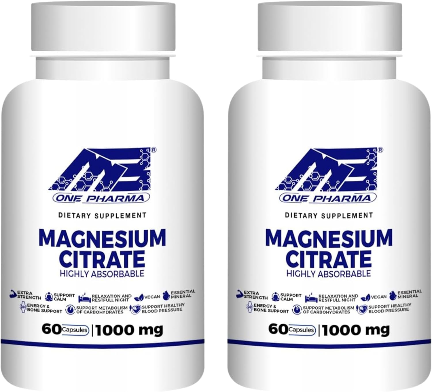 Citrato de magnesio, paquete de 2  altamente absorbible  Promueve huesos saludables, apoya las funciones nerviosas y musculares  60 cápsulas cada