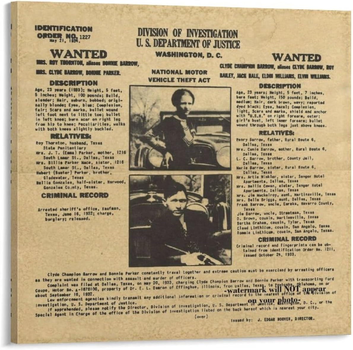 Bonnie and Clyde – Póster de búsqueda del FBI con fotos de arresto, disparo en la cabeza de bandidos de la prohibición de 1934, arte de pared,