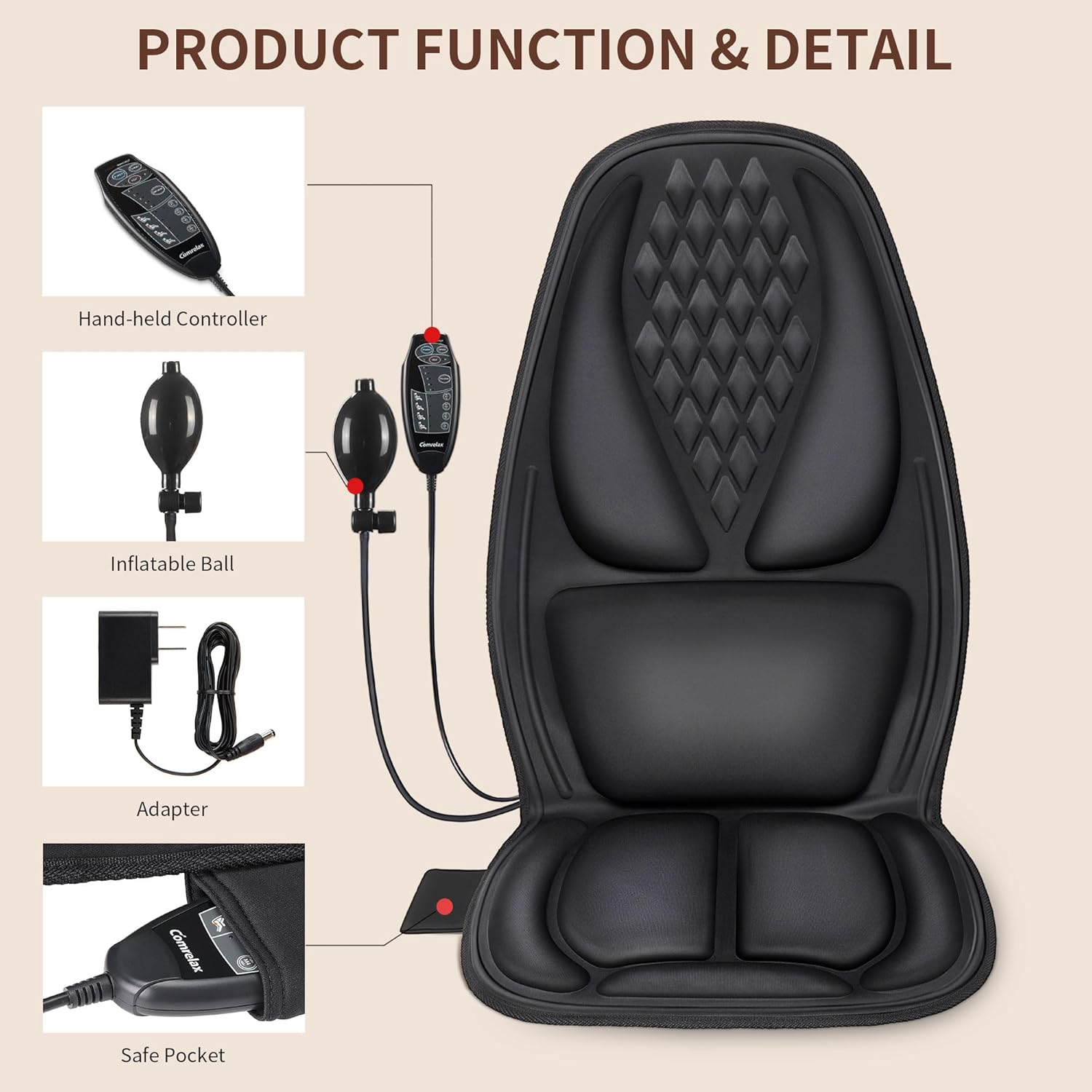 comrelax Masajeador de espalda con calor, cojín de asiento de masaje con tracción lumbar 3D, 10 motores vibradores, almohadilla para silla de masaje