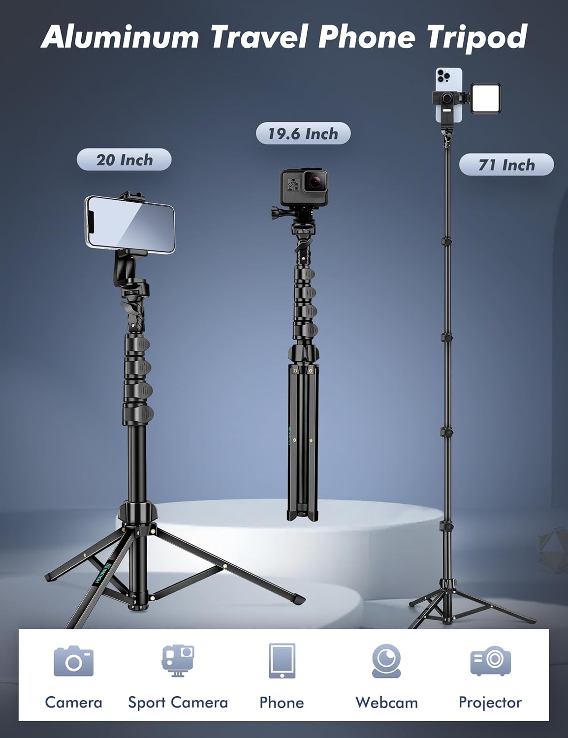 Soporte de trípode para teléfono, trípode para selfie, trípode para teléfono celular de 86.6 pulgadas de alto con cuello de cisne ajustable, trípode