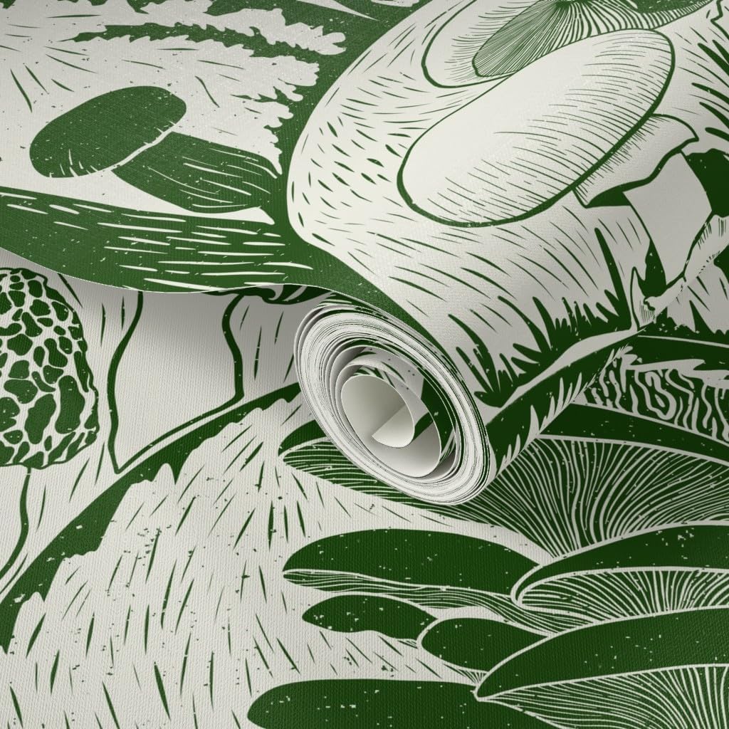 Spoonflower Papel tapiz autoadhesivo de 9 x 2 pies, diseño de hongos verdes, vieiras, bosque, hongos y hongos, estampado de bloques de hongos,