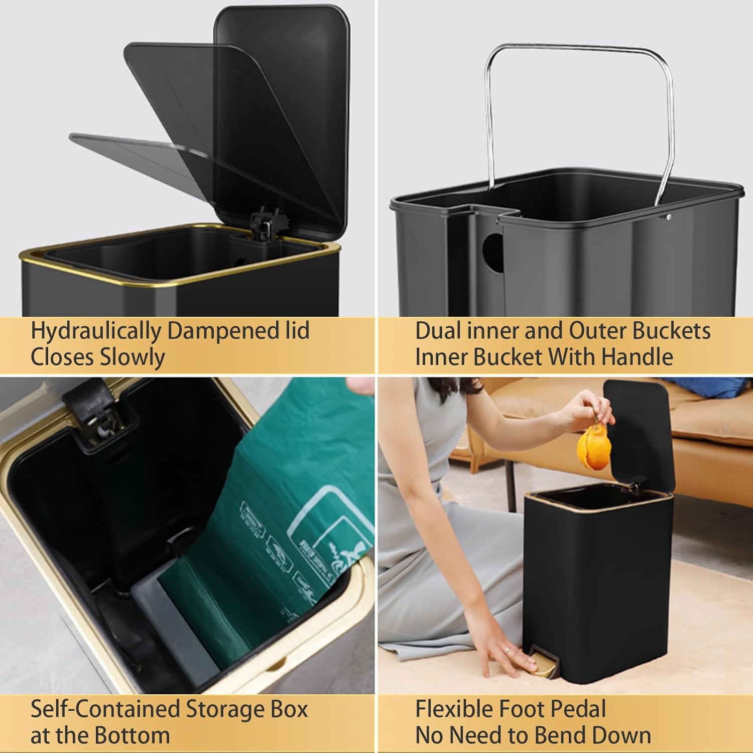Aupekro Basurero de baño con tapa de cierre suave, 3.1 galones de acero inoxidable con cepillo de inodoro, cubo de basura rectangular con cubo