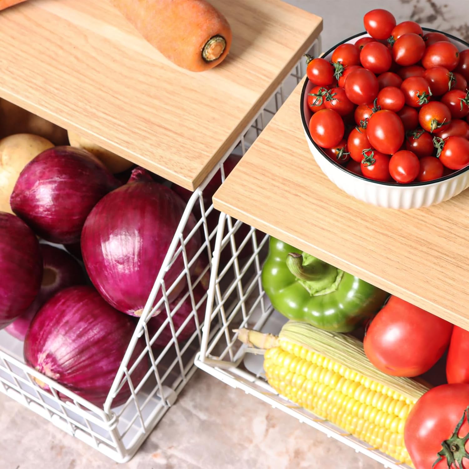 Mefirt Frutero blanco, cesta de frutas de 2 niveles para encimera de cocina, almacenamiento de frutas apilable montado en la pared, organizador de