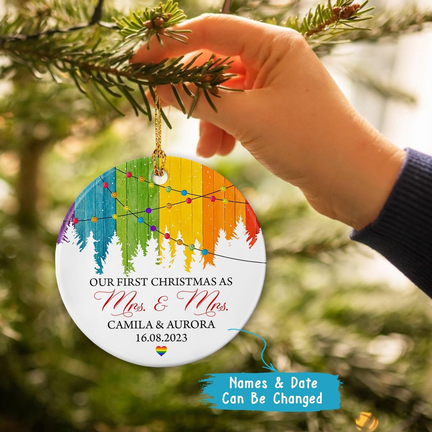 Adorno de Navidad para parejas lesbianas con texto en inglés “Our First Christmas As Mrs & Mrs Lesbian Pare”, regalos personalizados del mismo sexo