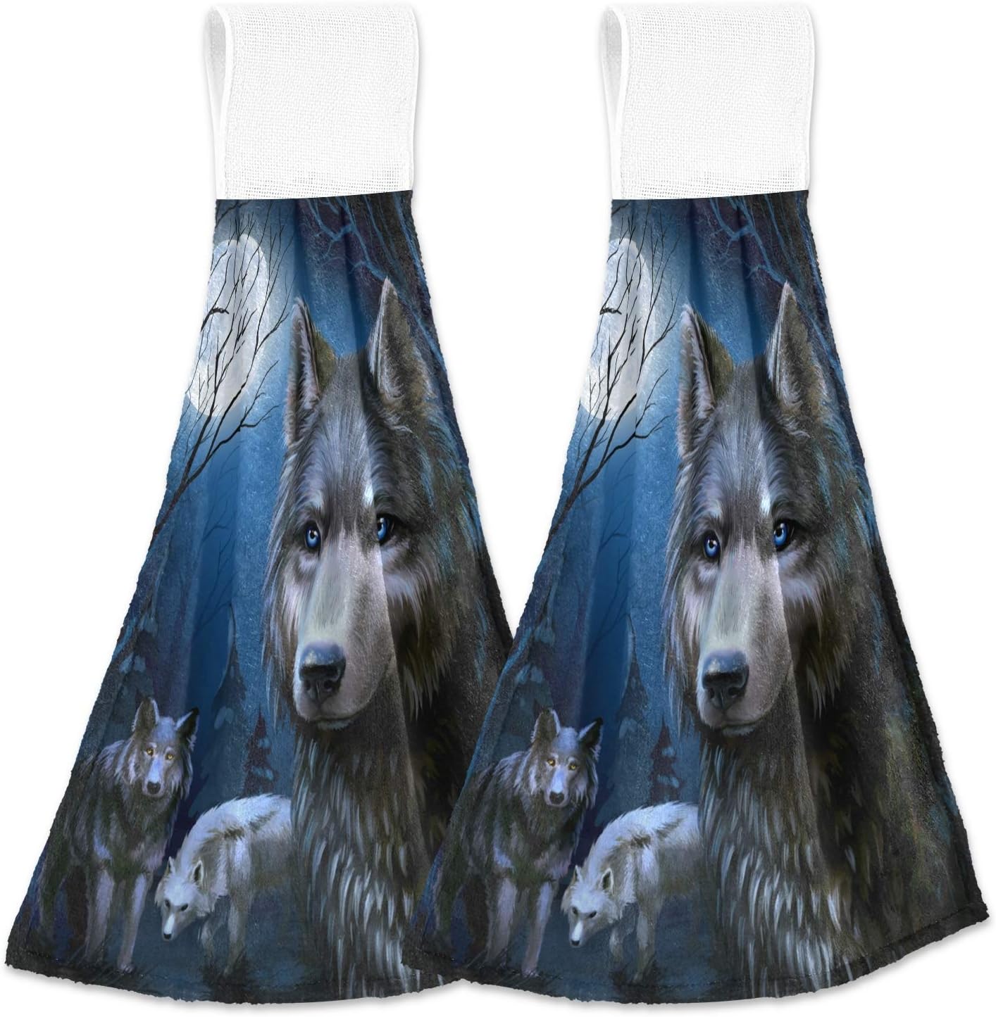 ALAZA Toallas de cocina Dark Night Wolf y Luna Llena, paños de cocina con lazo para colgar, paquete de 2