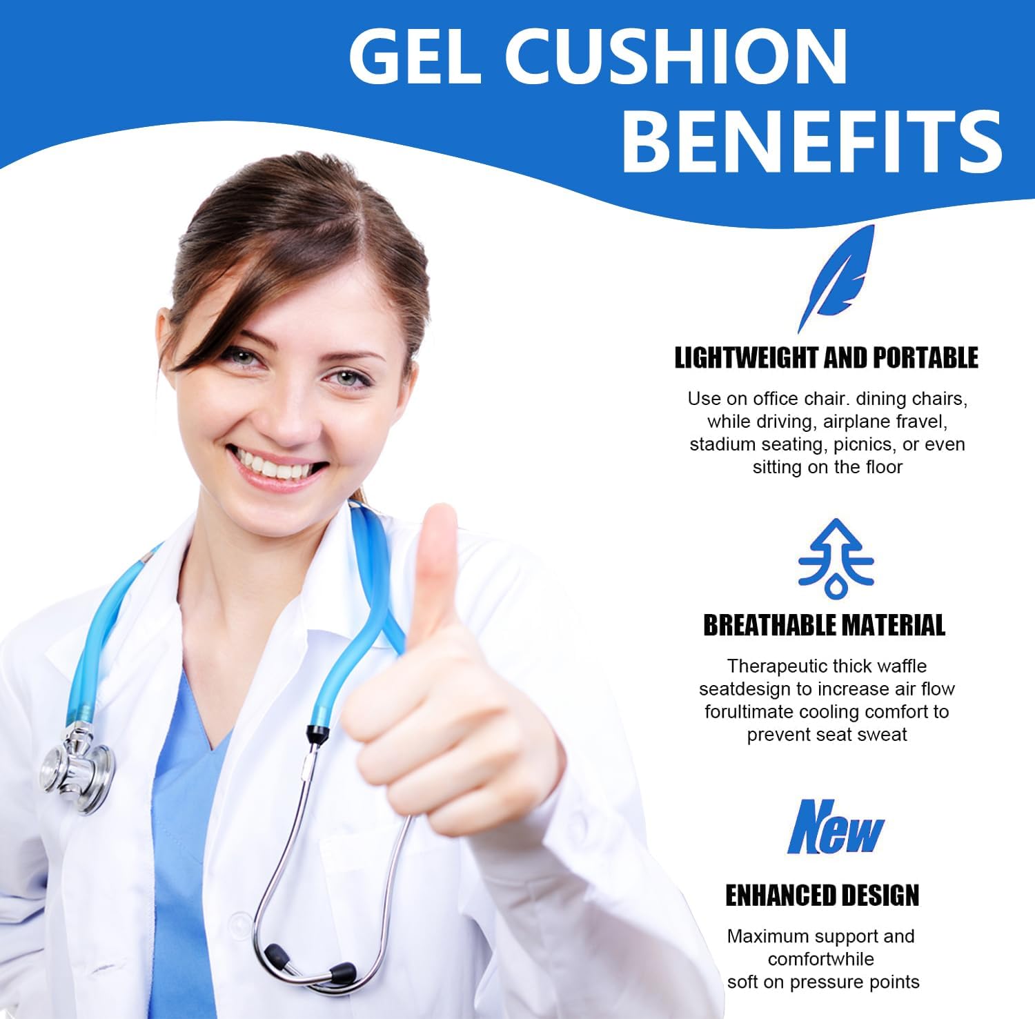 Cojín de gel para asiento largo sentado, cojín de gel para silla de ruedas, cojín de gel suave para silla de coche, cojín de gel para asiento de