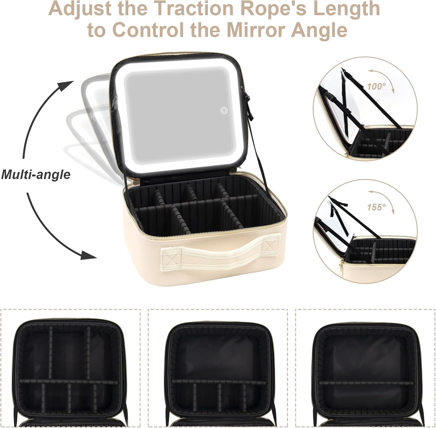 Bolsa de maquillaje con espejo de luz LED, estuche de viaje para maquillaje, organizador de bolsas de cosméticos con divisores ajustables, estuche