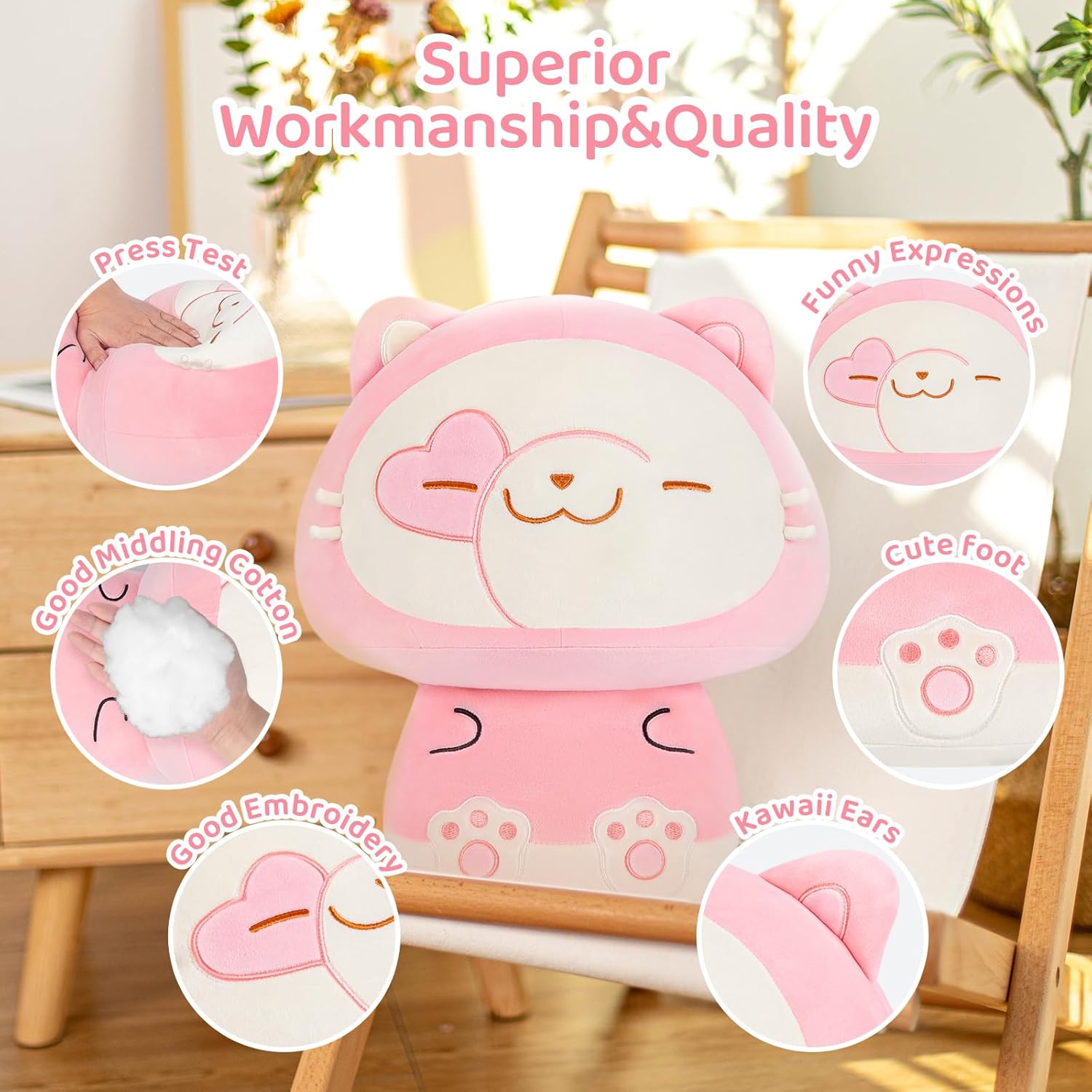 Peluche de hongo de 14 pulgadas, bonita almohada de felpa de gato suave, almohada de peluche de gato suizo de animales de peluche, juguetes de