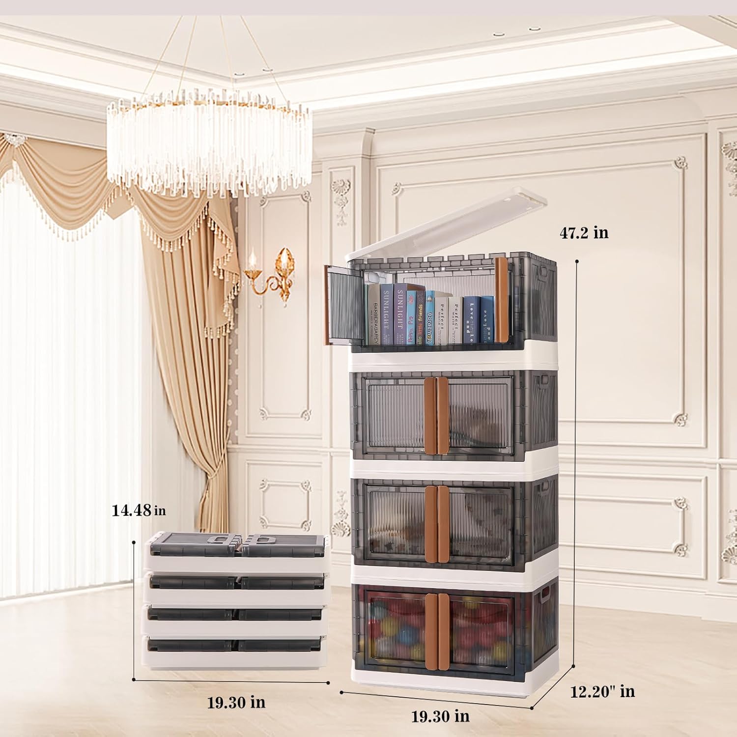 El almacenamiento plegable de ropa con ruedas se puede apilar libremente, contenedores apilables con tapa y puerta para juguetes, ropa de temporada,