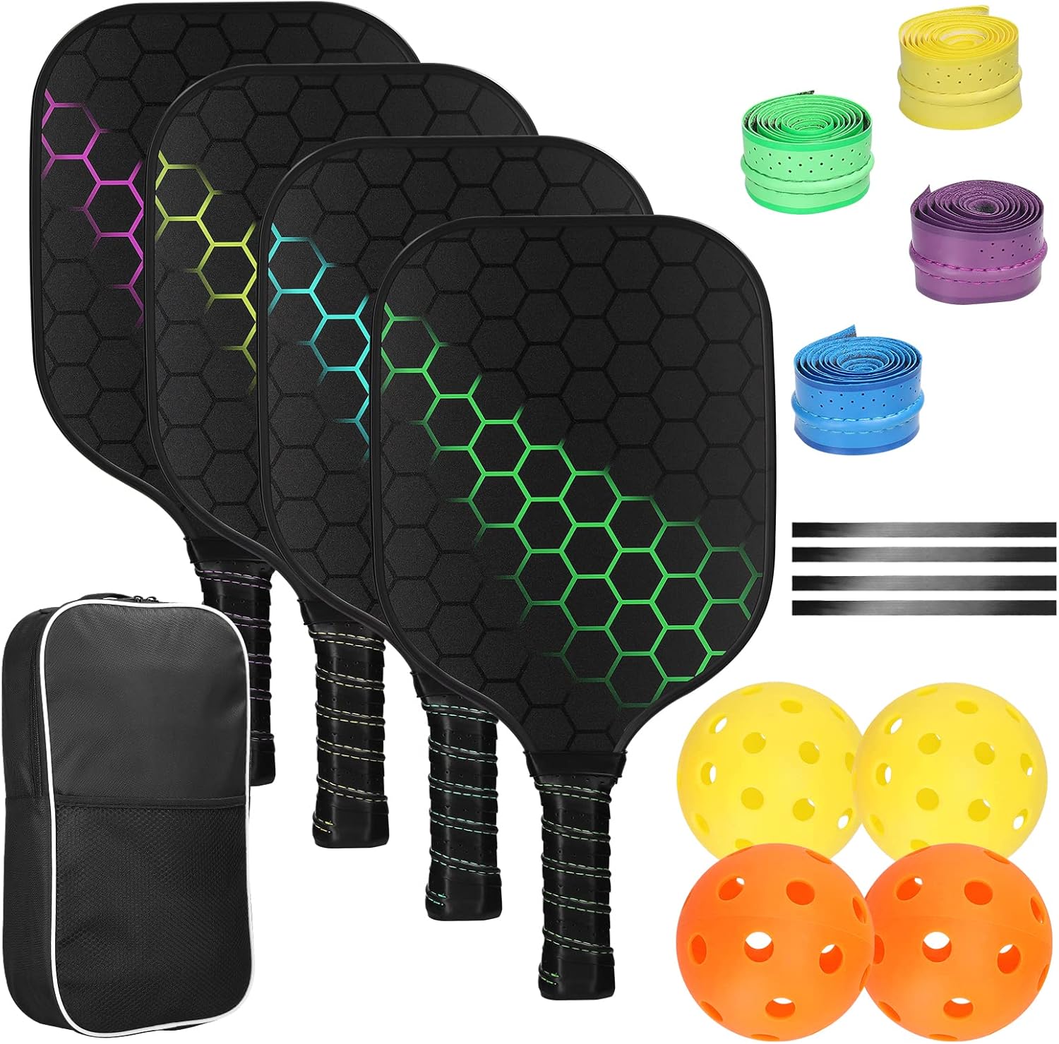 Doorslay Juego de 4 palas de pickleball ligeras, juego de paletas de pickleball, 4 bolas de pickleball, 4 toallas de enfriamiento y bolsa de