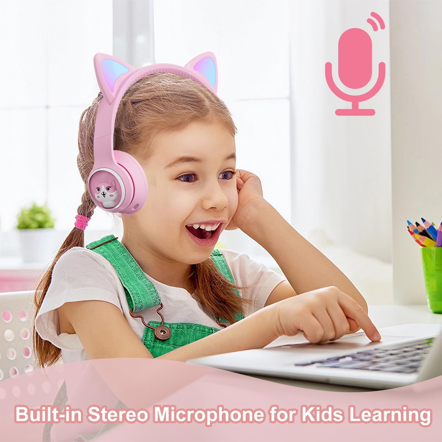 TOKANI Auriculares inalámbricos Bluetooth para niños, adolescentes y adultos, auriculares Bluetooth con micrófono, auriculares de oreja de gato para