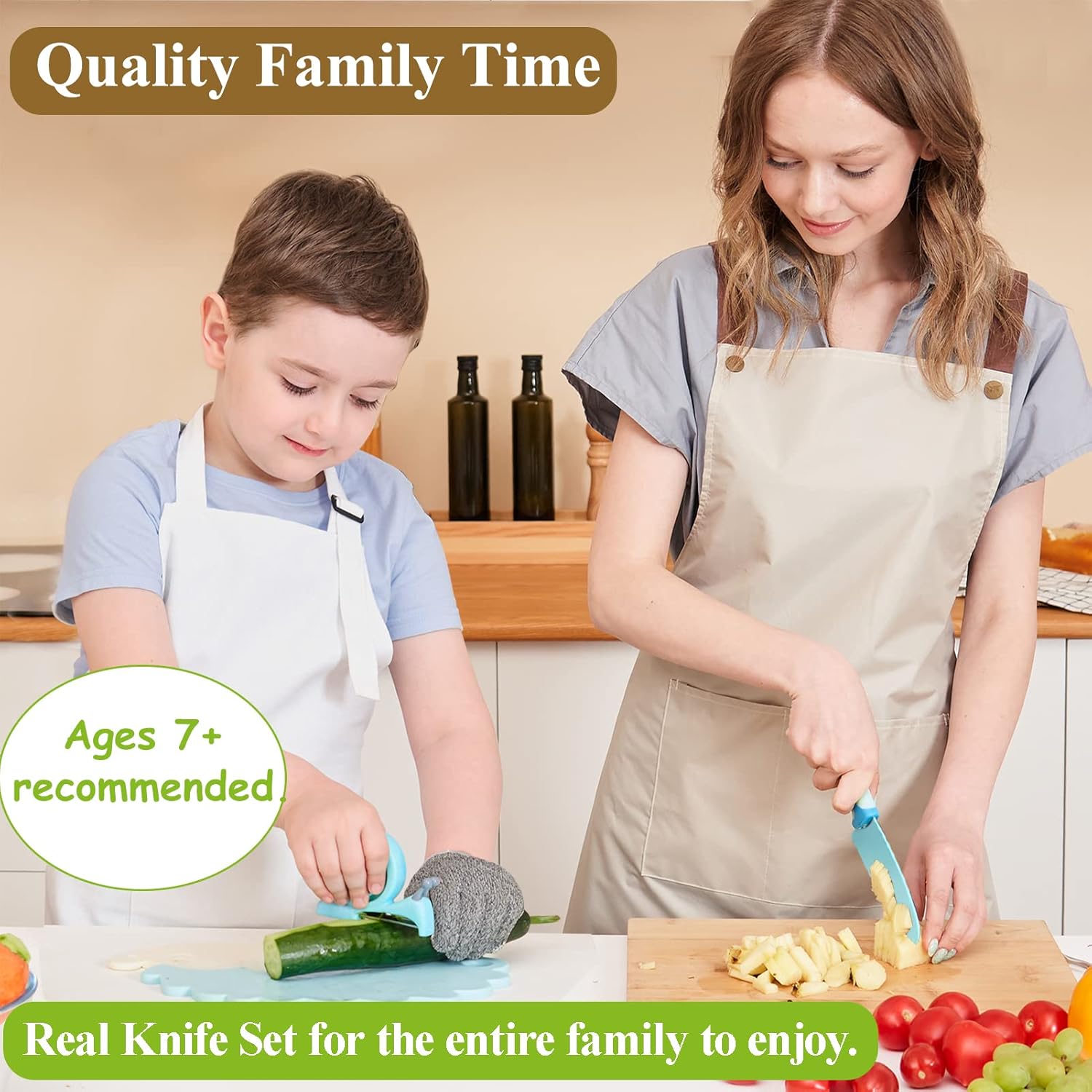 Kibbidea Juego de cuchillos para niños, 4 piezas de cocina para niños, de acero inoxidable, cuchillos de chef con pelador, protector de dedos,