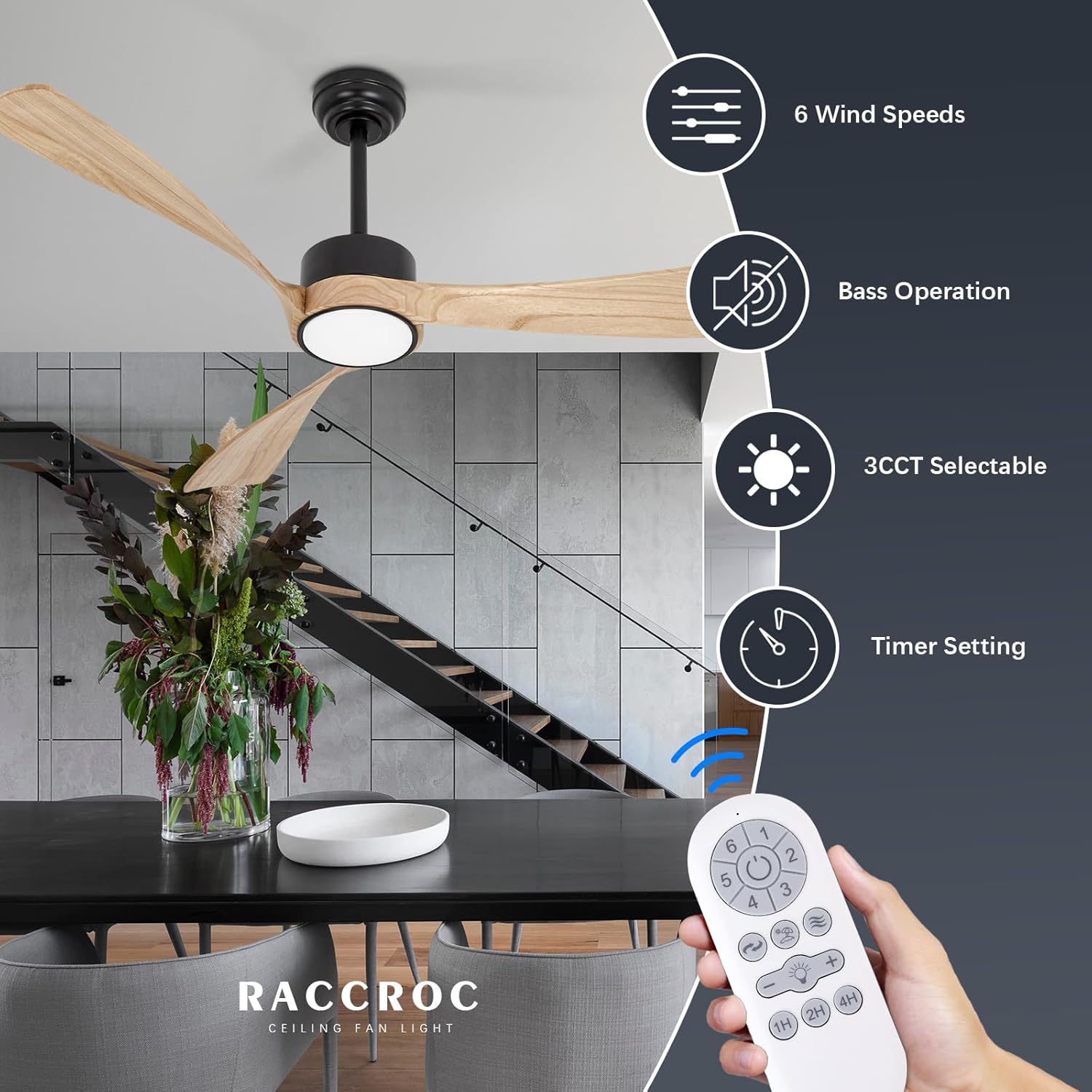 raccroc Ventilador de techo de 52 pulgadas, ventiladores de techo de madera con luces y control remoto, ventilador de techo moderno de 22 W con