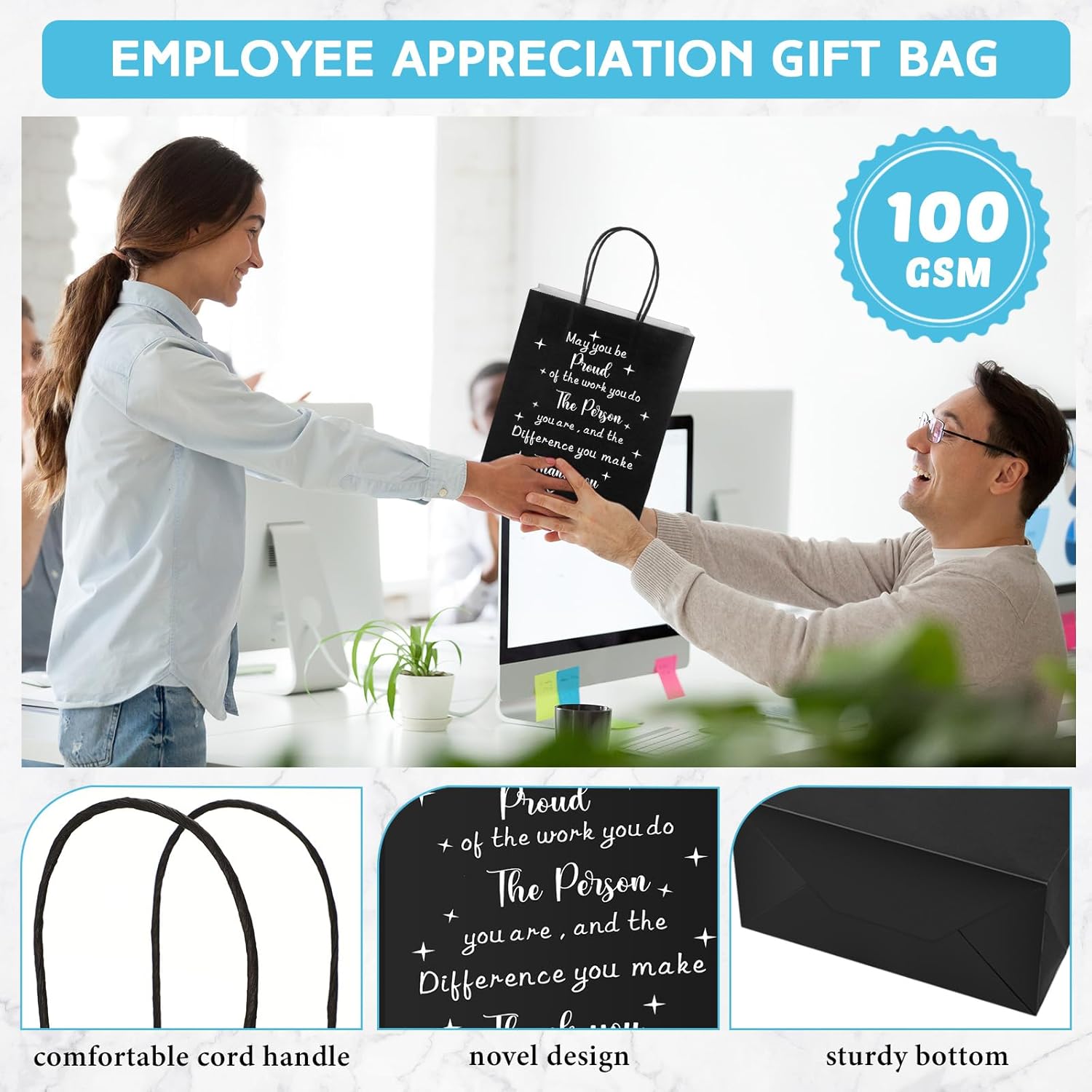 Fulmoon 50 bolsas de regalo de agradecimiento a granel para empleados, bolsas de papel de agradecimiento con asas para empleados, compañeros de