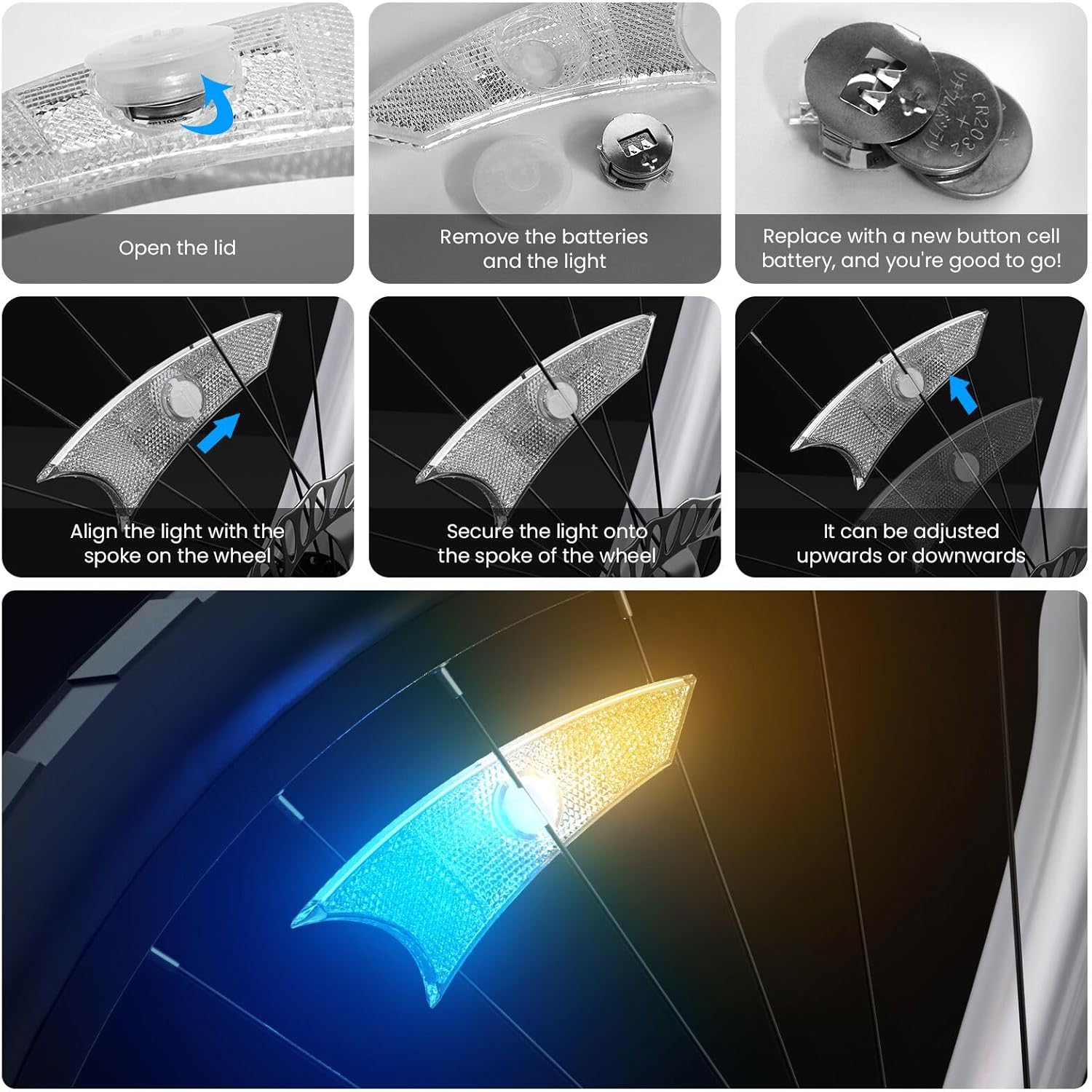Paquete de 4 luces LED para rueda de bicicleta, luces ultra brillantes para radios de bicicleta, IPX5 impermeable, luz de bicicleta de color con
