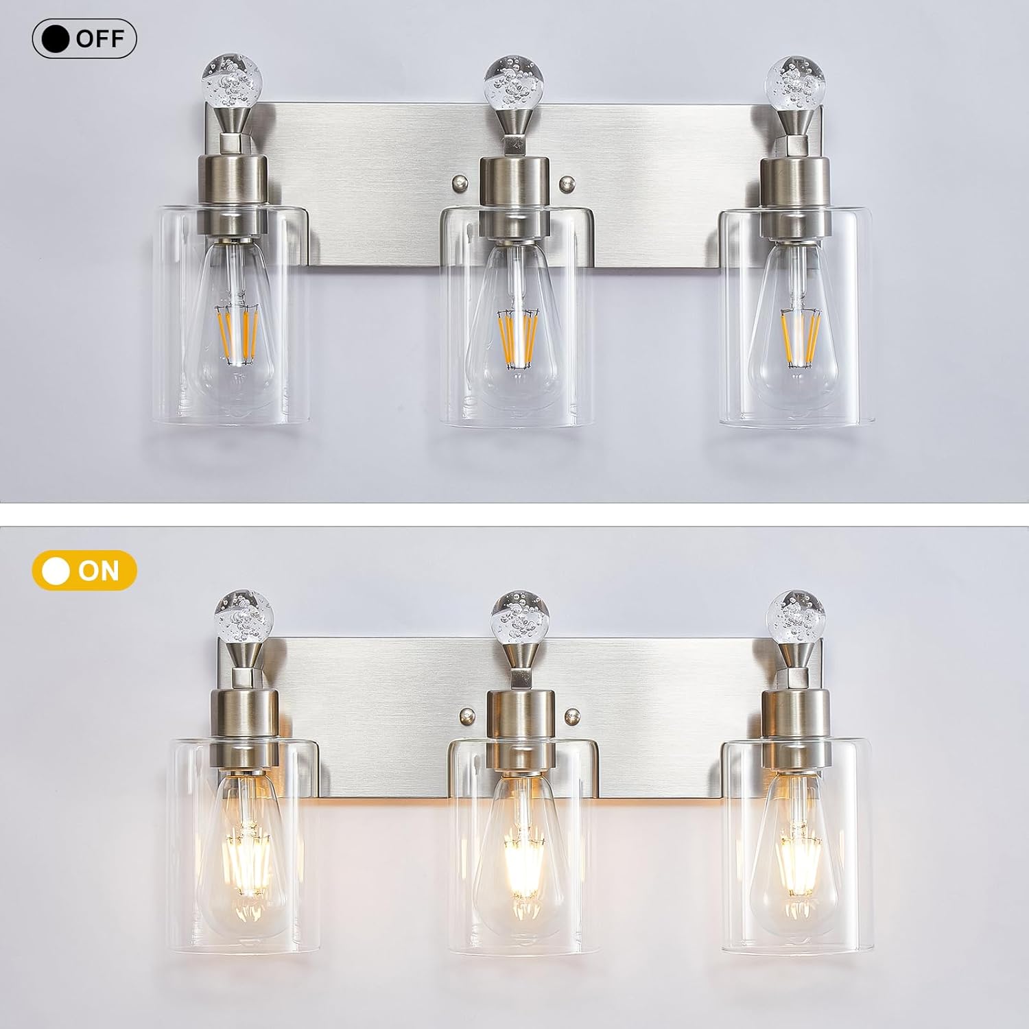 Lámparas de baño de 3 luces, lámpara de tocador de baño de níquel cepillado, accesorios de iluminación de tocador con pantalla de vidrio resistente,