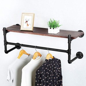 Estante industrial de la ropa del tubo montado en la pared con estante de madera,Estante de la ropa al por menor rústico estante de la exhibición de Estante industrial de la ropa del tubo montado en la pared con estante de madera,Estante de la ropa al por menor rústico estante de la exhibición de