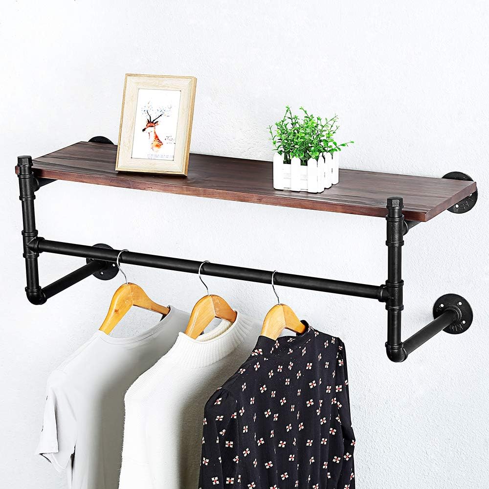 Estante industrial de la ropa del tubo montado en la pared con estante de madera,Estante de la ropa al por menor rústico estante de la exhibición de