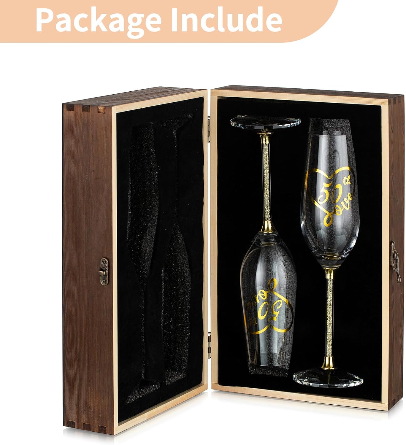 NUPTIO Copas de champán del 50 aniversario juego de 2 copas de brindis de cristal dorado con caja de regalo de madera, copa de vino grabada para