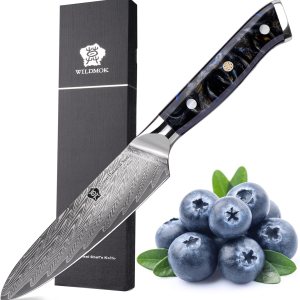 WILDMOK Cuchillo de cocina de 5 pulgadas, Damasco Japón VG-10, cuchillo de cocina de acero afilado, mango ergonómico de resina de color, caja de WILDMOK Cuchillo de cocina de 5 pulgadas, Damasco Japón VG-10, cuchillo de cocina de acero afilado, mango ergonómico de resina de color, caja de