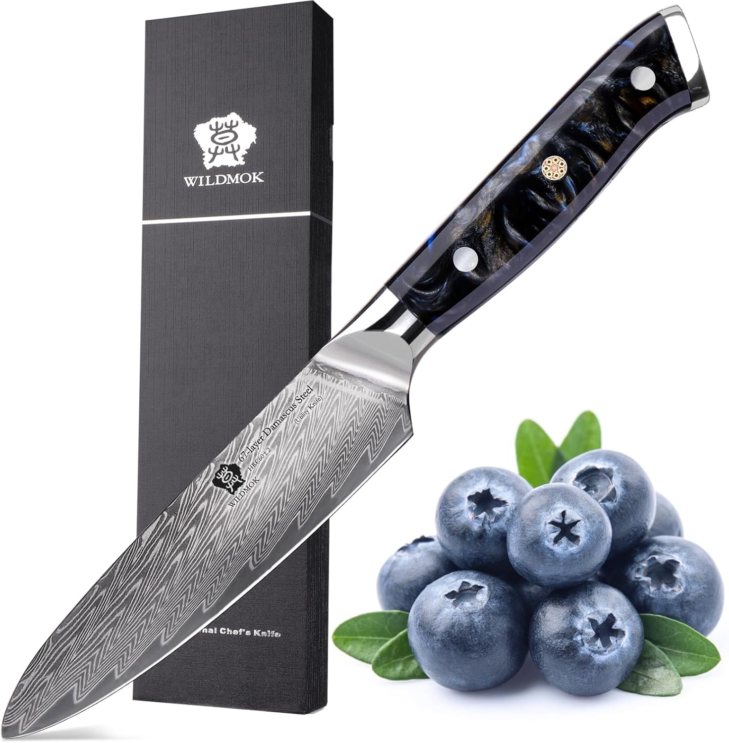 WILDMOK Cuchillo de cocina de 5 pulgadas, Damasco Japón VG-10, cuchillo de cocina de acero afilado, mango ergonómico de resina de color, caja de