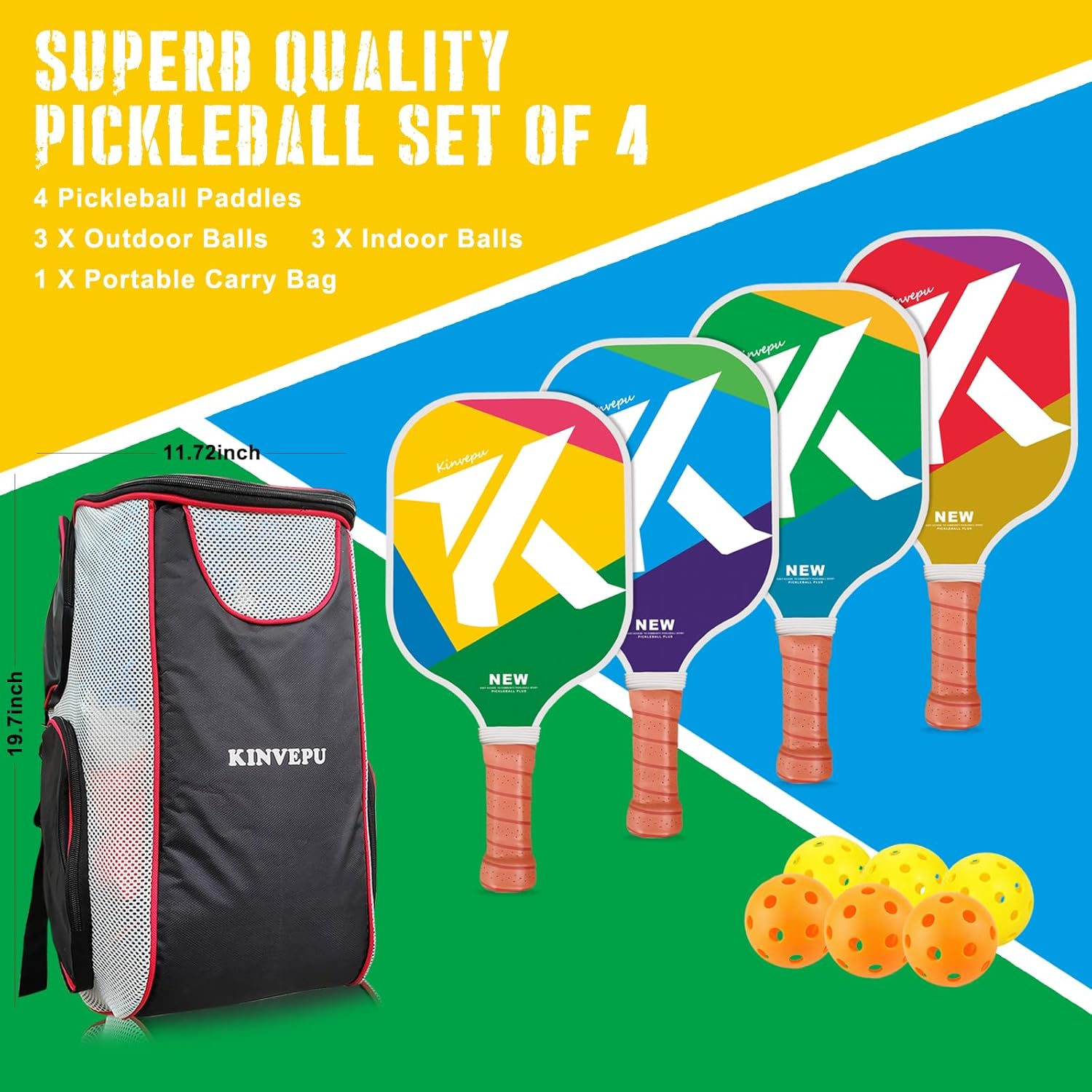 KINVEPU Juego de 4 palas de pickleball, raquetas de fibra de vidrio y accesorios para adultos, 4 bolas de pickleball, regalos para hombres y